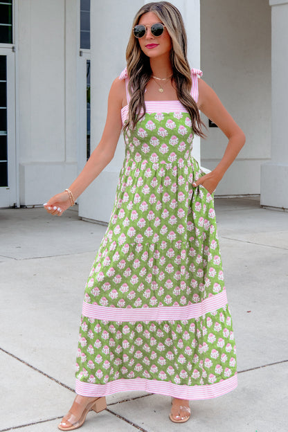 Floral Print Striped Detail Knot Straps Maxi Dress