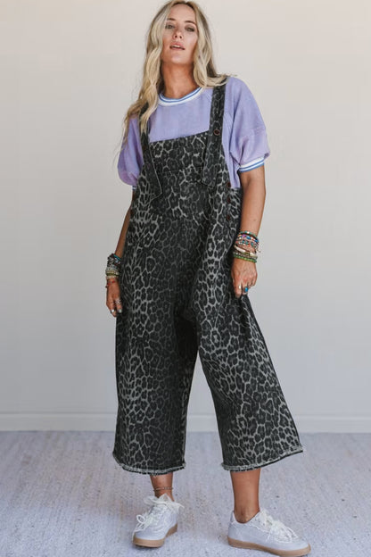 Gray Leopard Print Button Adjustable Straps Cropped Loose Denim Overalls