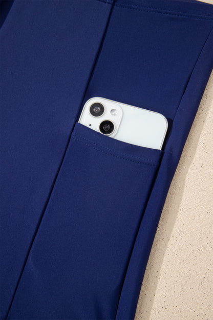 Navy Blue Color Block Patchwork Bow Knot Detail Sleeveless Swim Dress