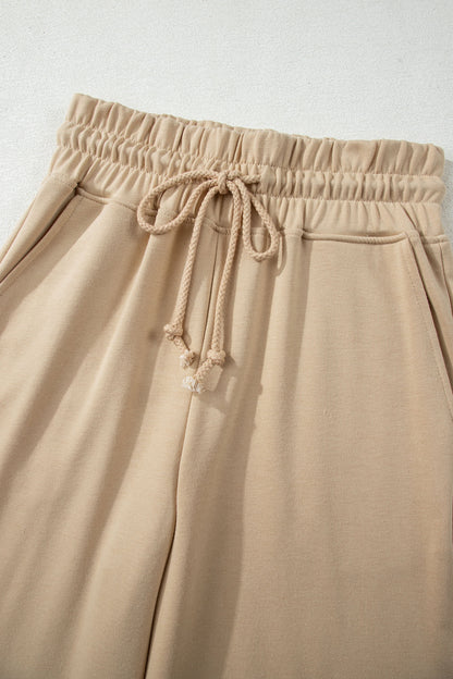 Parchment Solid Color Loose Tee Drawstring Wide Leg Pants 2pcs Outfit