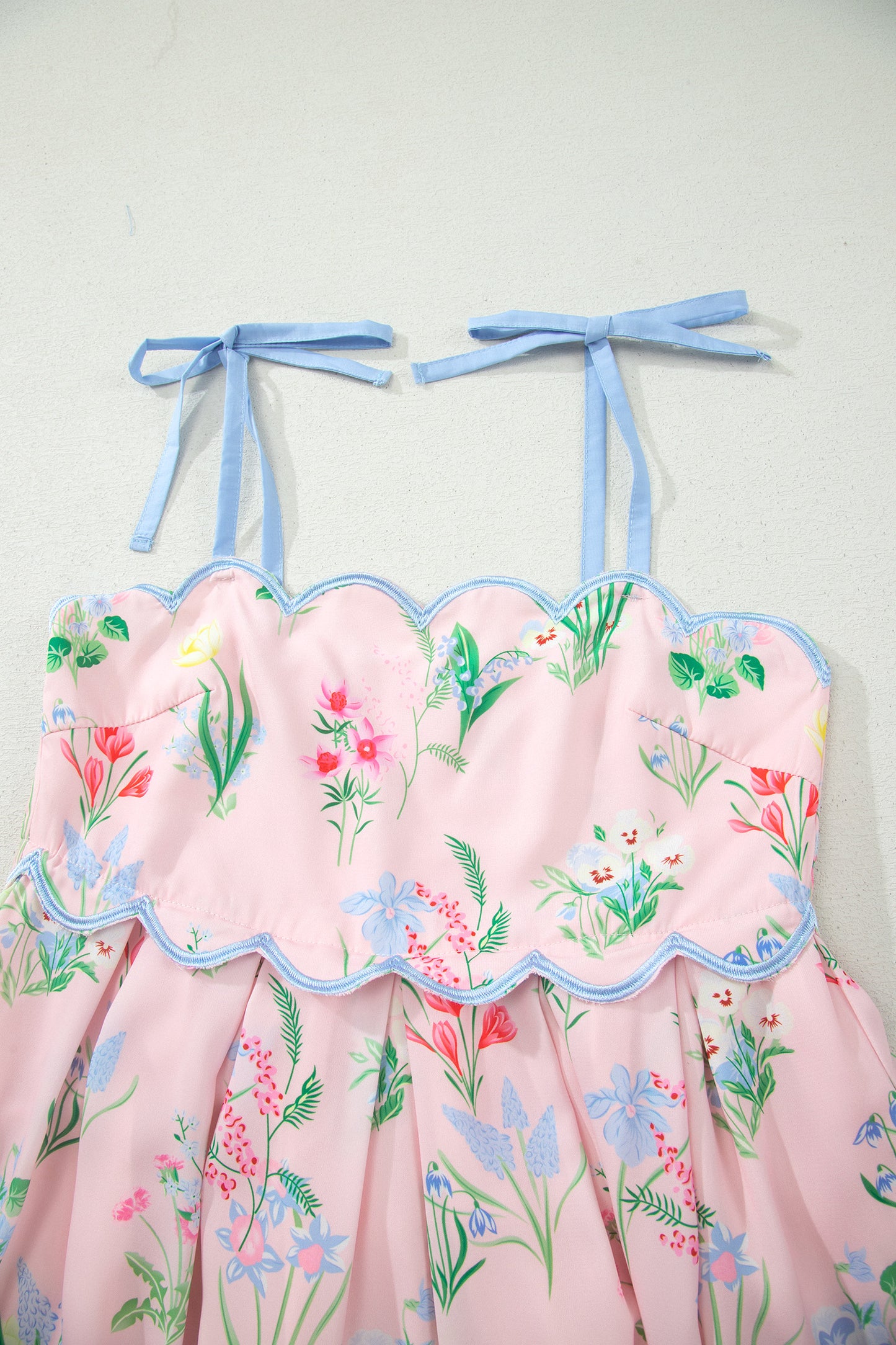 Floral Print Contrast Trim Self-tie Straps High Waist Midi Dress