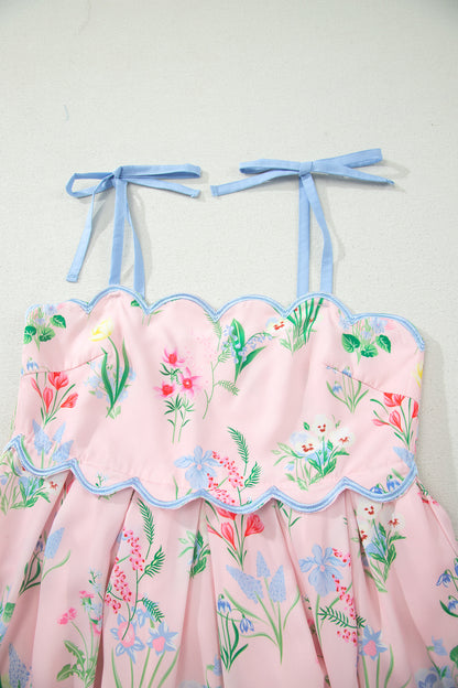 Floral Print Contrast Trim Self-tie Straps High Waist Midi Dress