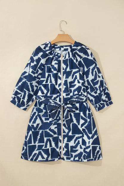Blue Abstract Geometric Print Zip Front Tie Waist Shift Dress