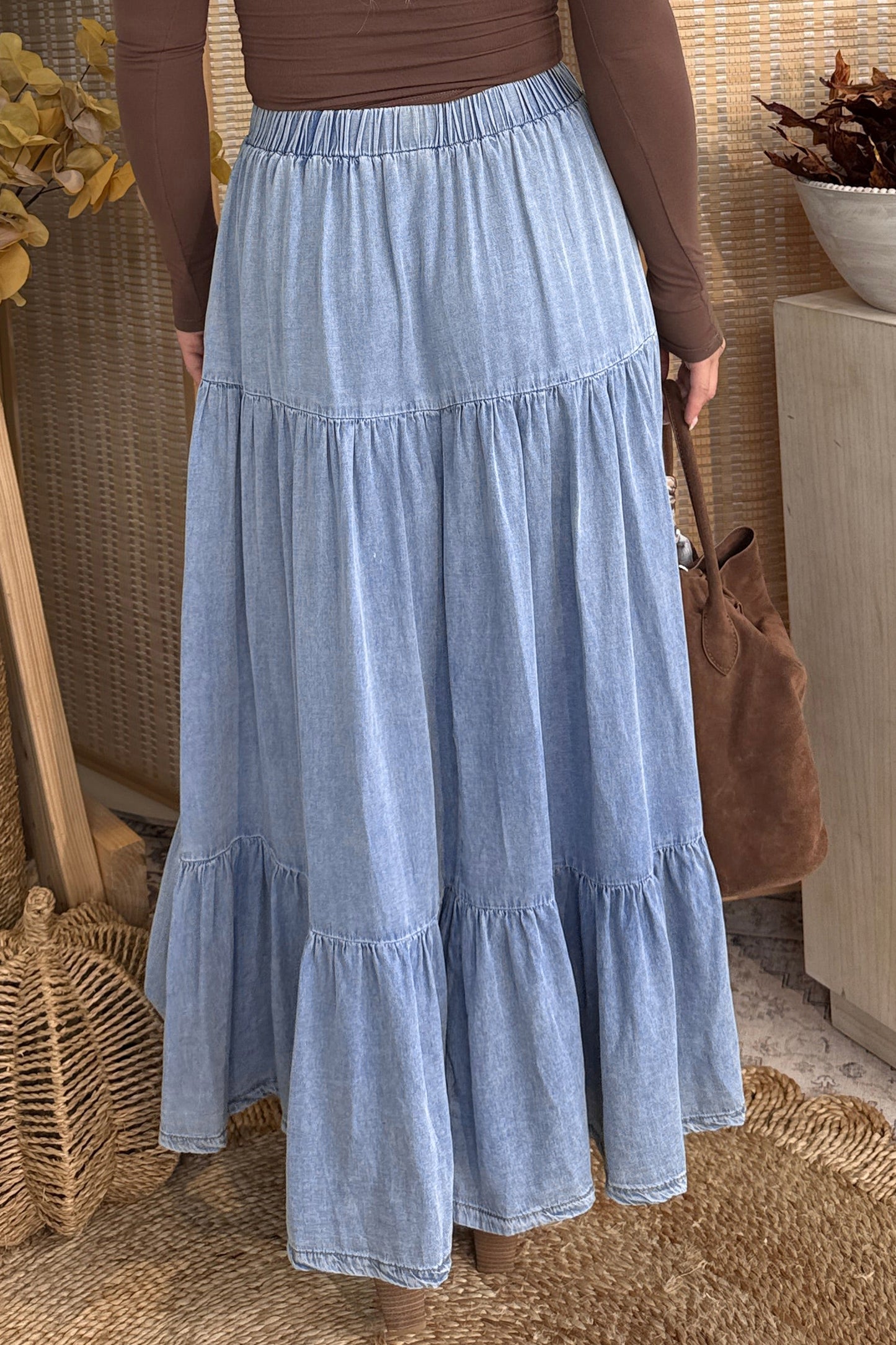 Elastic Waist Ruffled Tiered Flared Denim Maxi Skirt