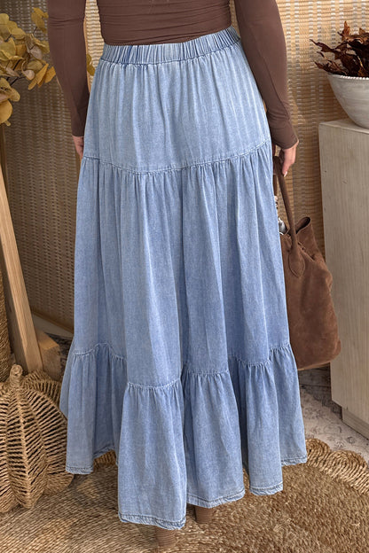 Elastic Waist Ruffled Tiered Flared Denim Maxi Skirt