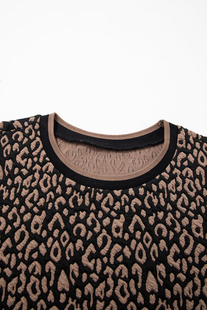 Black Leopard Print Puffy Bracelet Sleeve Contrast Trim Round Neck Top