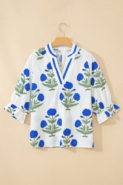 Casual Wild Flower Print V Neck 3/4 Sleeve Blouse