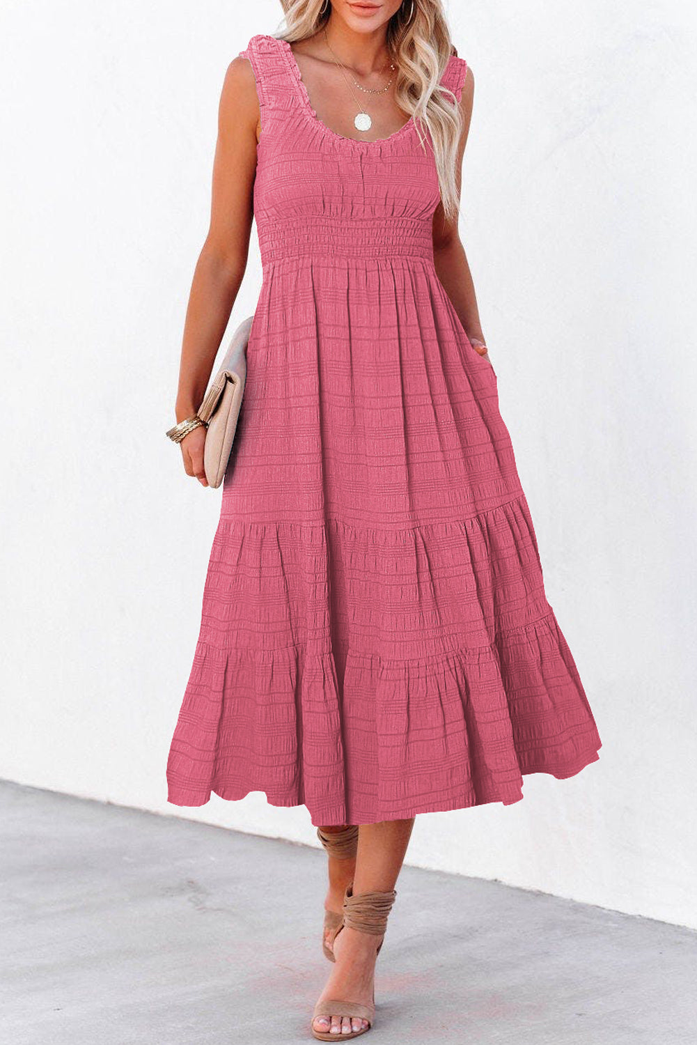 Shirred Pleated Square Neck Sleeveless Midi Dress