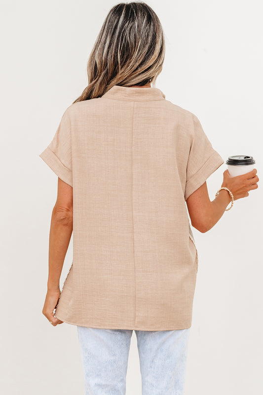 Crochet Lace Accent Pullover Rolled Short Sleeve Blouse