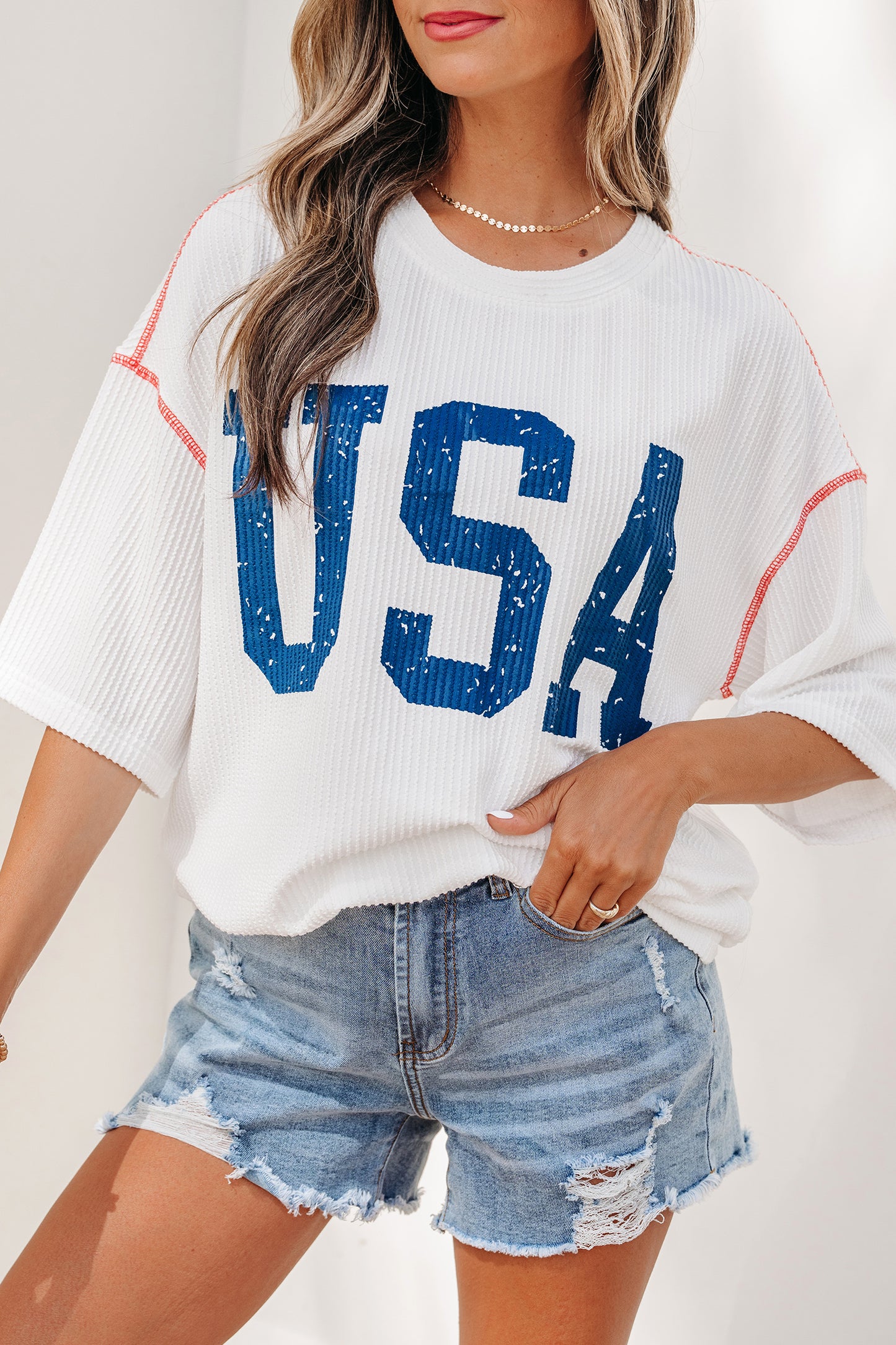 USA Graphic Half Sleeve Loose Ribbed Top