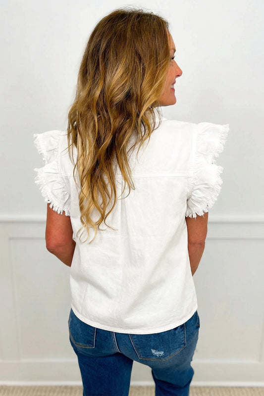 Frilled Collar Flutter Sleeve Denim Top