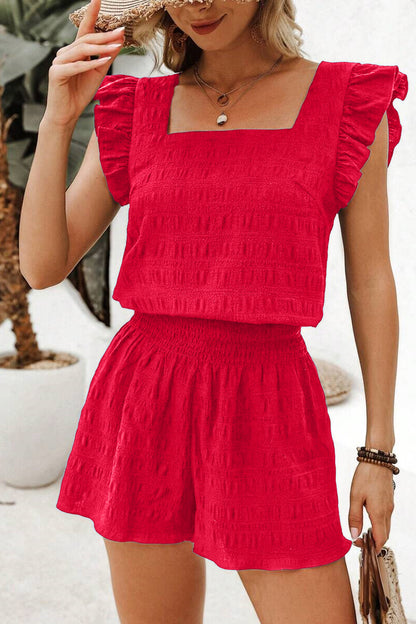 Textured Square Neck Top and Shirred High Waist Shorts Set