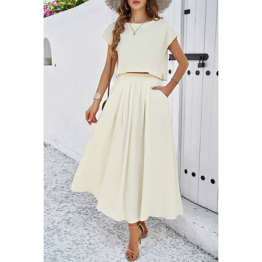 Two Pieces Round Neck Pockets Ruffle Solid Set | Top & Skirt Set - Women's | F, new arrival, Sets | Elings