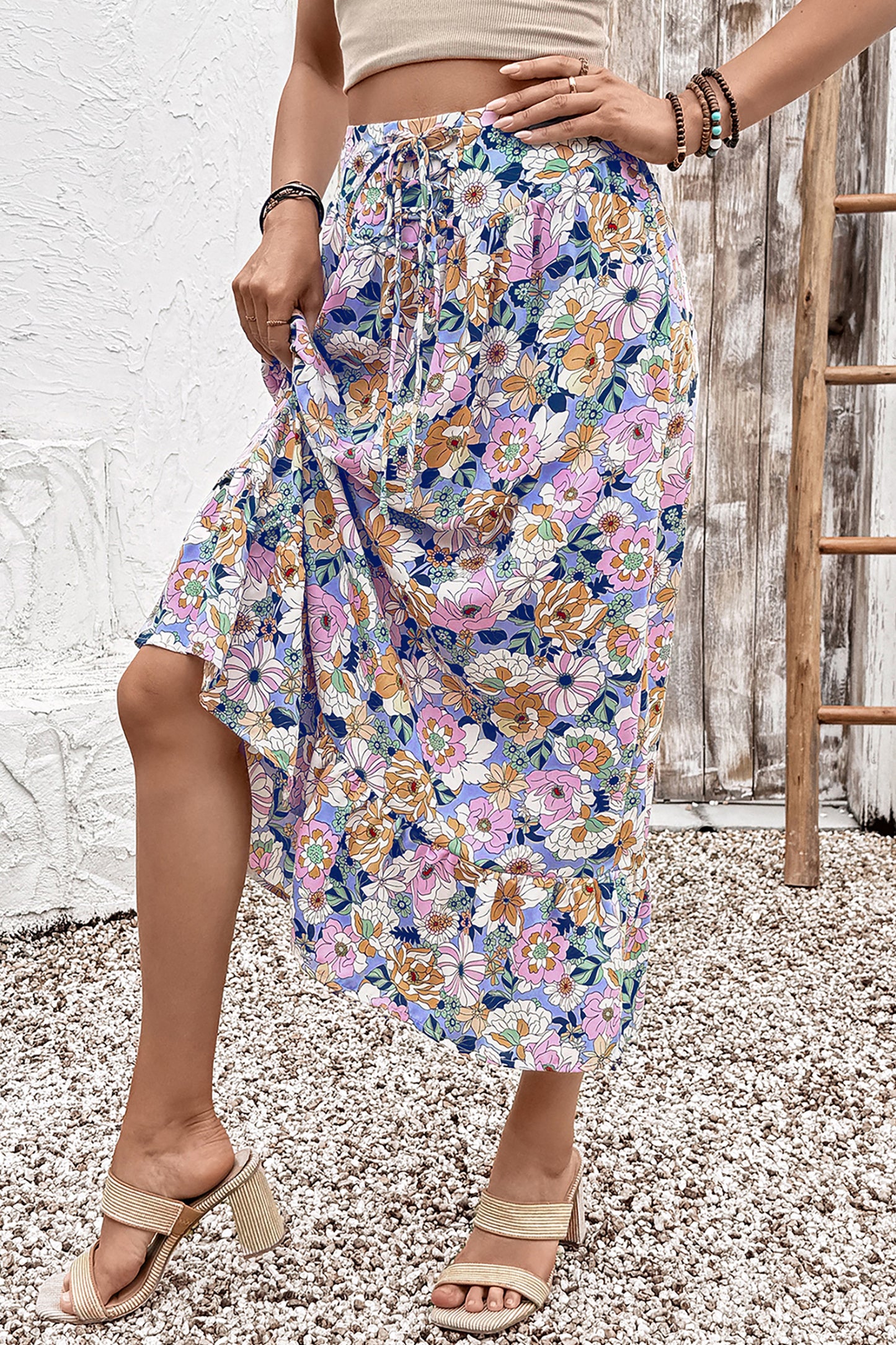 Pink Floral Print Lace-up High Waist Ruffle Hem Maxi Skirt