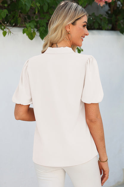 White Bow Tie V Neck Puff Sleeve Blouse