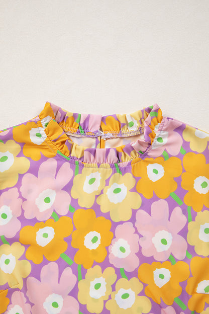 Purple Frilled Neck Puff Short Sleeve Flower Top