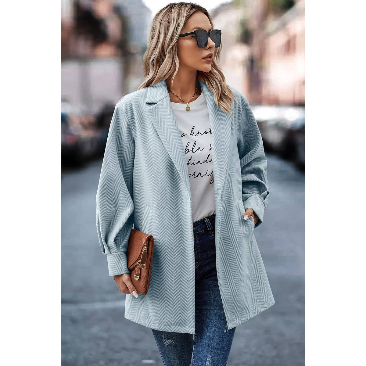 Solid Front Open Single Button Pocket Loose Suit | Coat - Women's | Coat | Elings