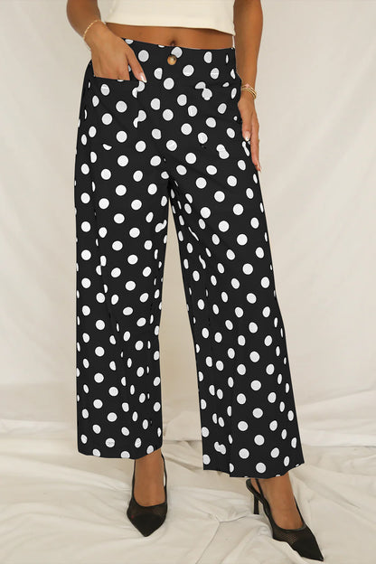Polka Dot Print Patched Pocket Mid-rise Straight Leg Pants