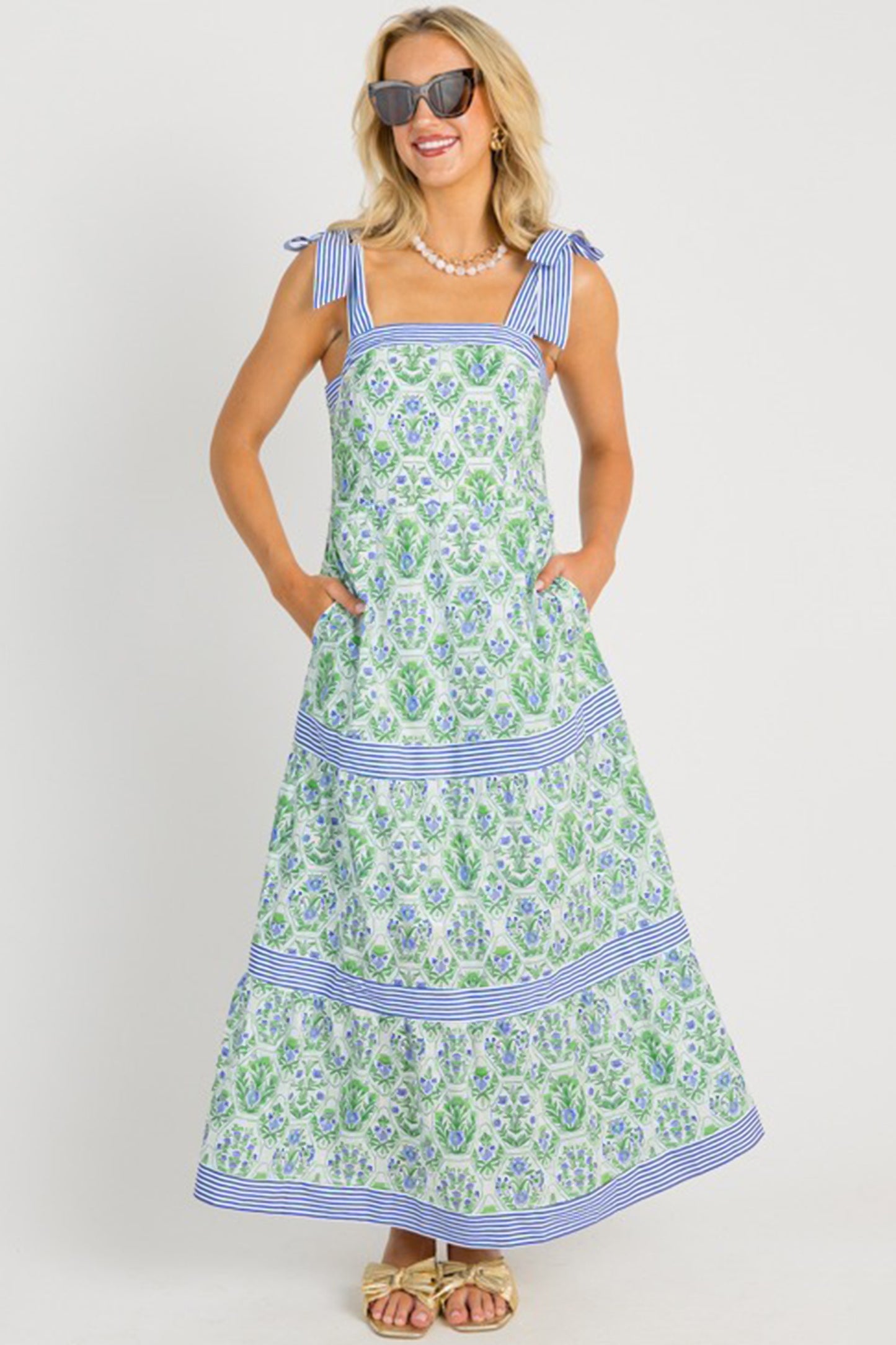 Geometric Floral Print Striped Patchwork Detail Sleeveless Dress