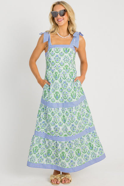 Geometric Floral Print Striped Patchwork Detail Sleeveless Dress