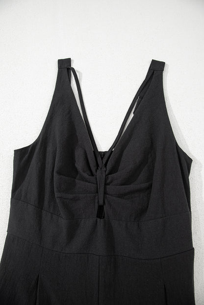 Black Front Cut Out Smocked Back Sleeveless Wide Leg Jumpsuit