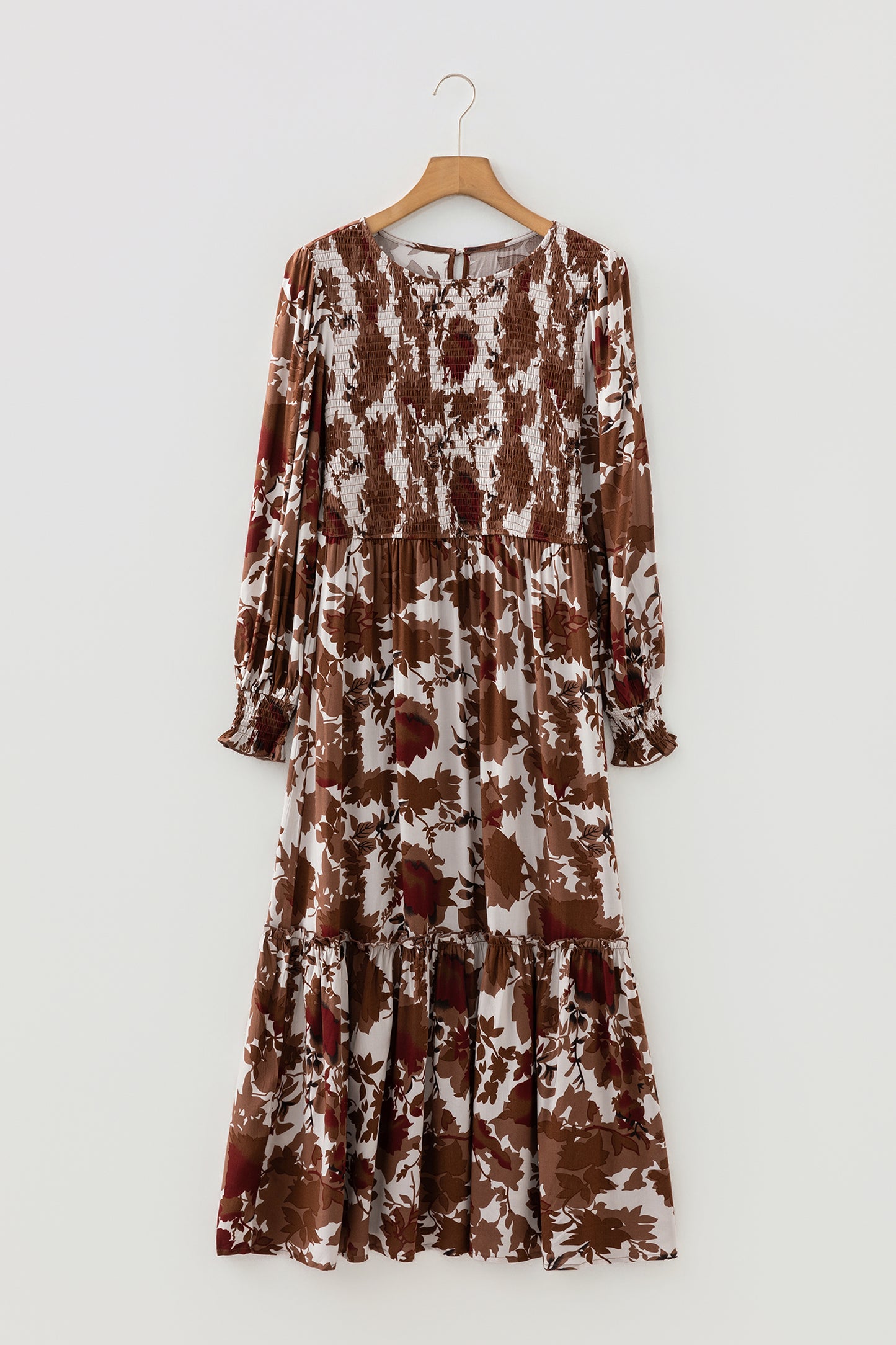 Floral Puff Sleeve Smocked Bodice Ruffled Long Dress