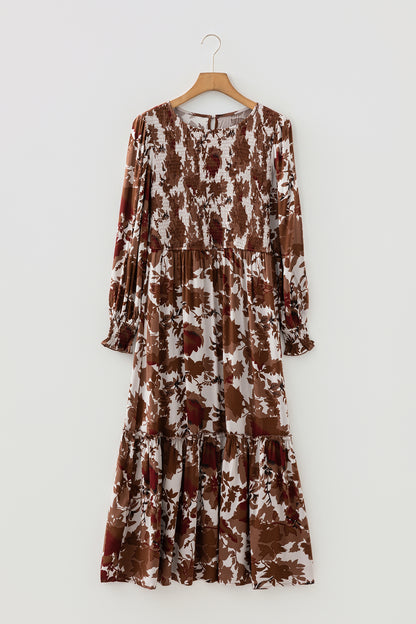 Floral Puff Sleeve Smocked Bodice Ruffled Long Dress