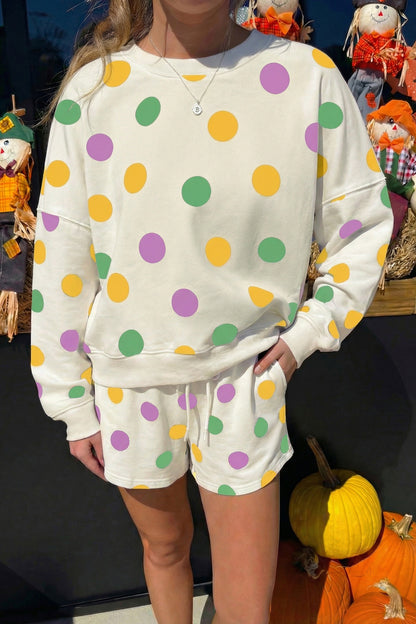 Polka Dot Print Drop Shoulder Pullover Drawstring Shorts Set