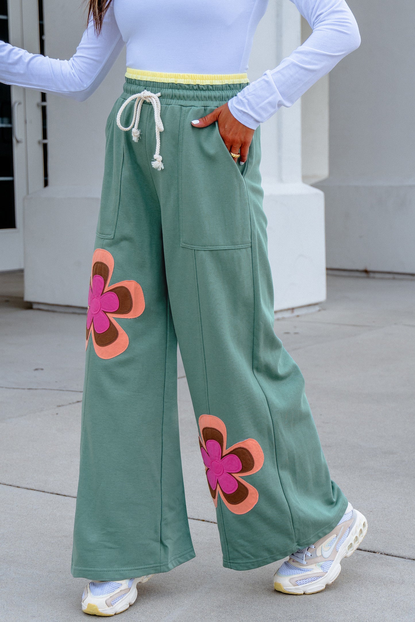 Color Block Flower Patchwork Drawstring Contrasted Elastic Waist Wide Leg Pants