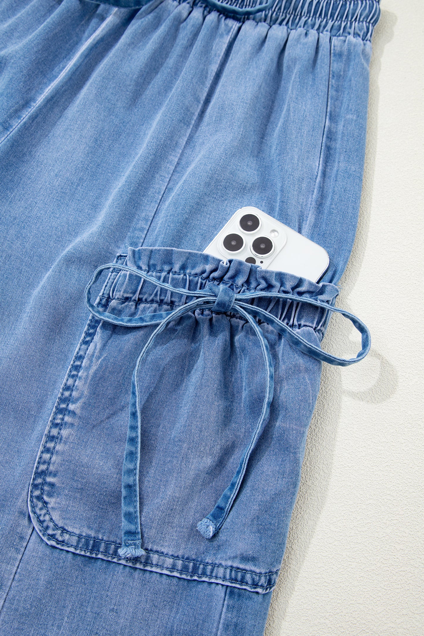 Beau Blue Drawstring Elastic Waist Pocketed Loose Denim Pants