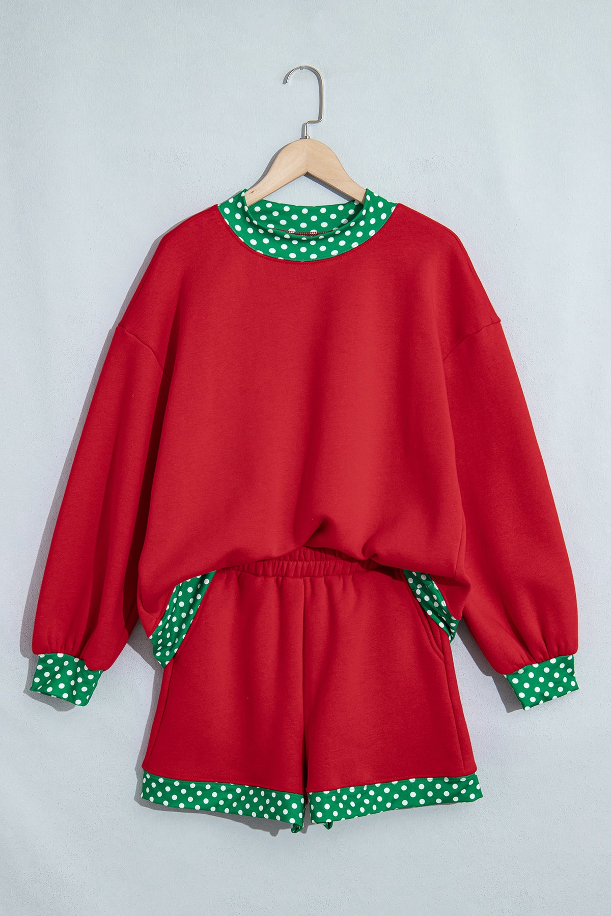Polka Dot Trim Baggy Pullover 2pcs Short Set