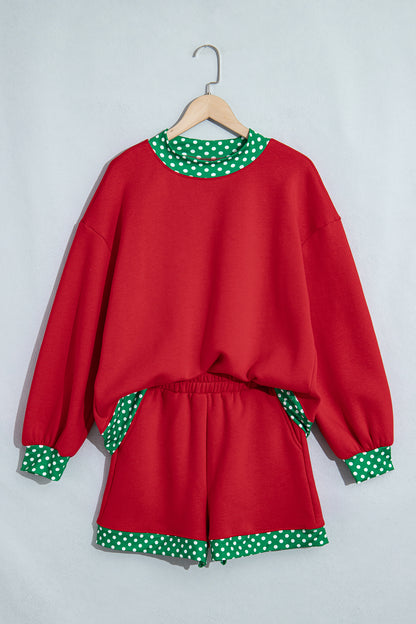 Polka Dot Trim Baggy Pullover 2pcs Short Set