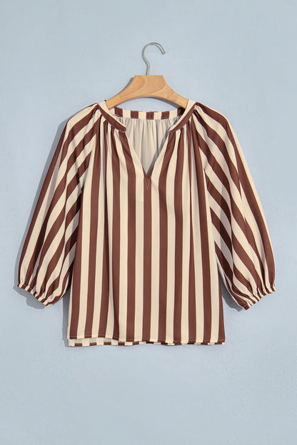 Brown Stripe V Neck Half Sleeve Casual Blouse