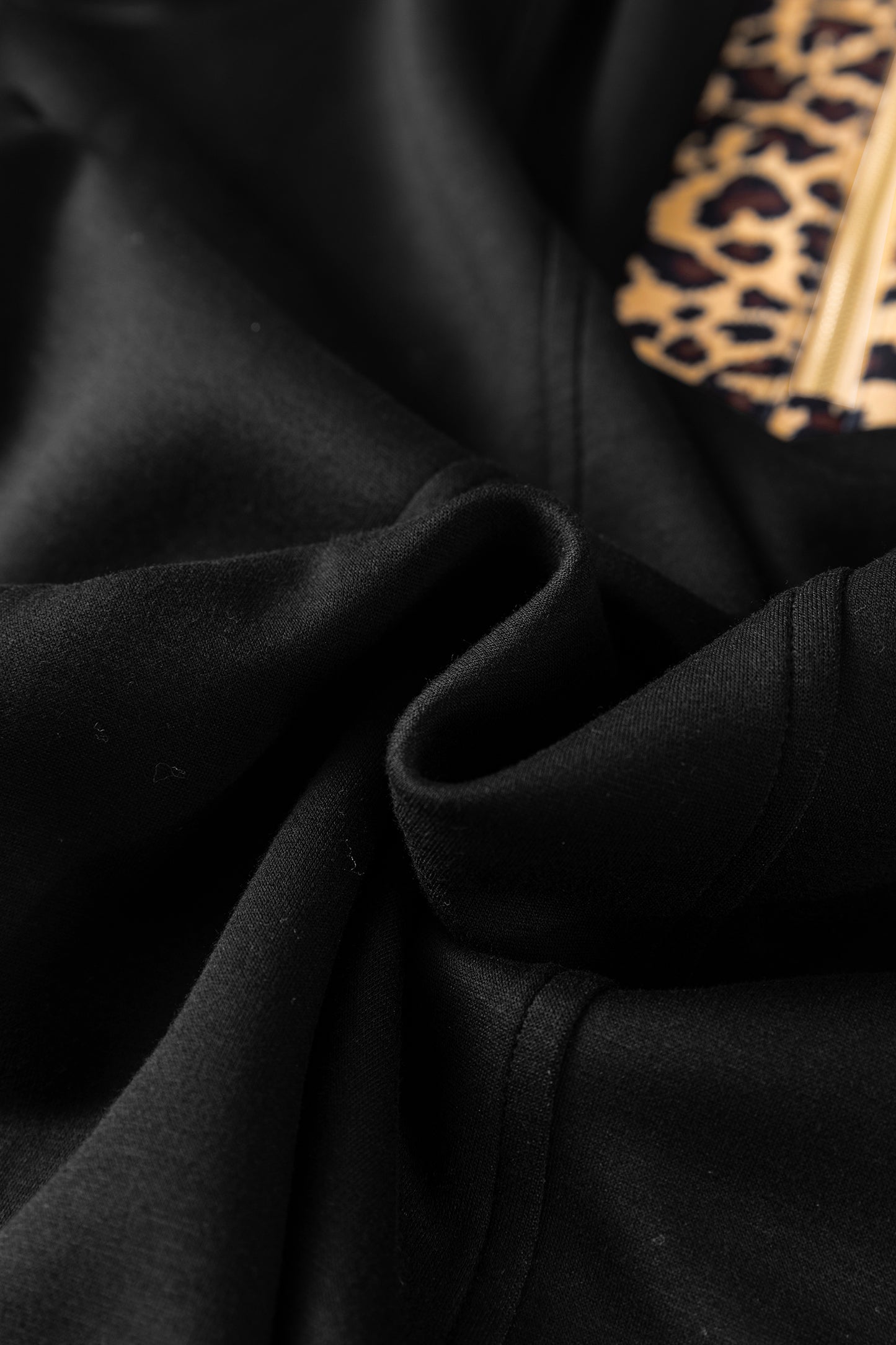 Black Leopard Patchwork Zip Collared Short Puff Sleeve Shift Mini Dress