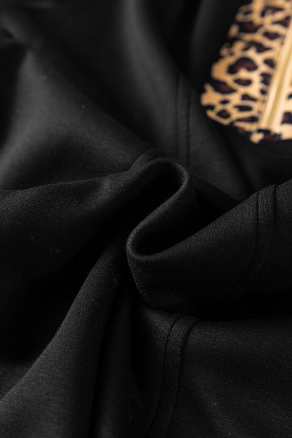 Black Leopard Patchwork Zip Collared Short Puff Sleeve Shift Mini Dress