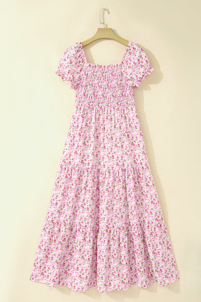 Floral Short Bubble Sleeve Shirred High Waist Maxi Dress