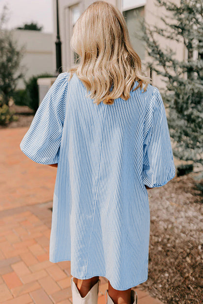 Stripe Color Block Patchwork Shirt Collar Button Down Puff Sleeve Mini Dress