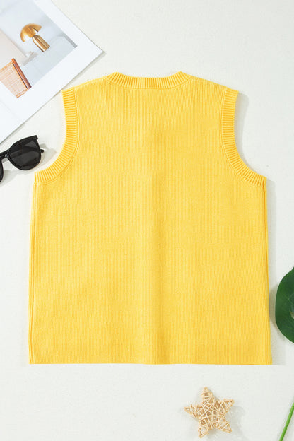 Solid Color Sleeveless Knit Button Pocketed Sweater