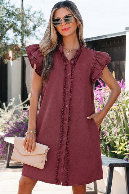 Frilled Detail Button Down Ruffle Short Sleeve Denim Mini Dress