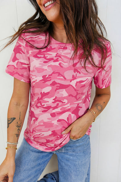 Pink Camouflage Print Crew Neck T Shirt