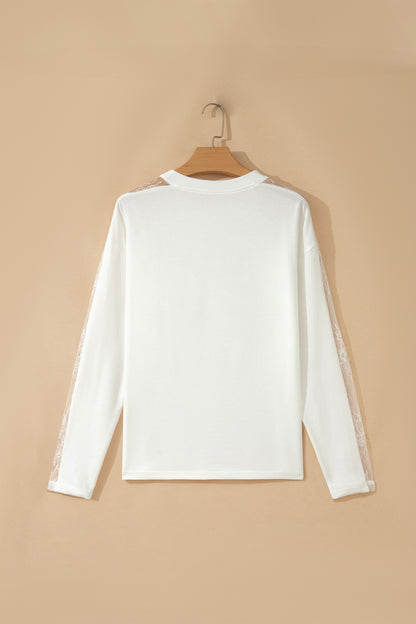 White Sheer Lace Splicing Long Sleeve Shift Top