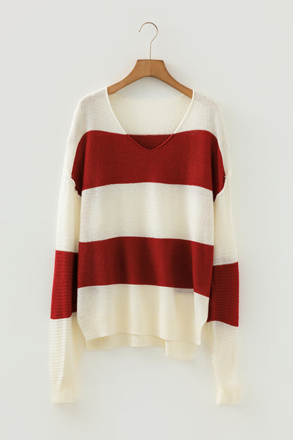 Green Stripe Loose Color Block Drop Shoulder Bubble Sleeve Sweater