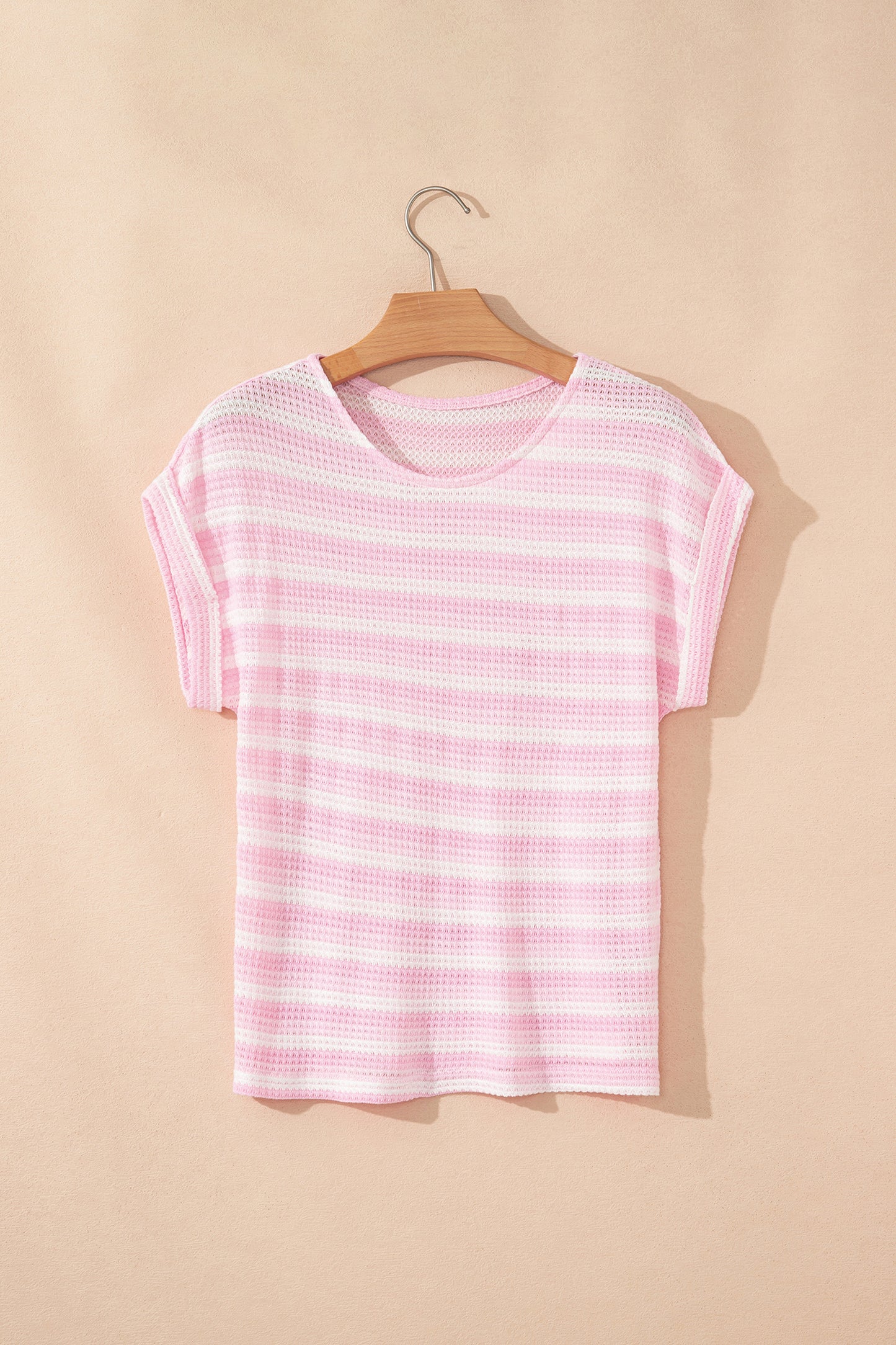 Pink Striped Print Waffle Knit T Shirt