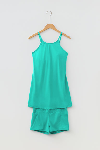 Solid Color Tunic Tank Dress Athletic Shorts Two Piece Set