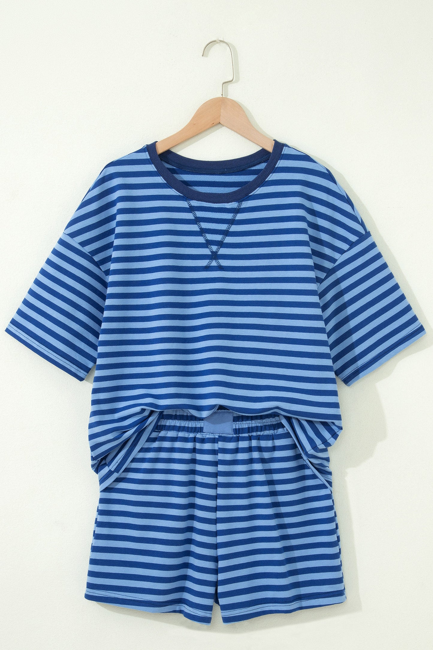 Striped Ribbed Cotton Two-Piece Short Set with Chest Patch Detail