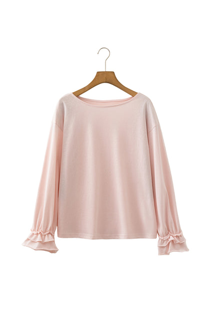 Gossamer Pink Ruffle Sleeve Long Sleeve Loose Pullover Top