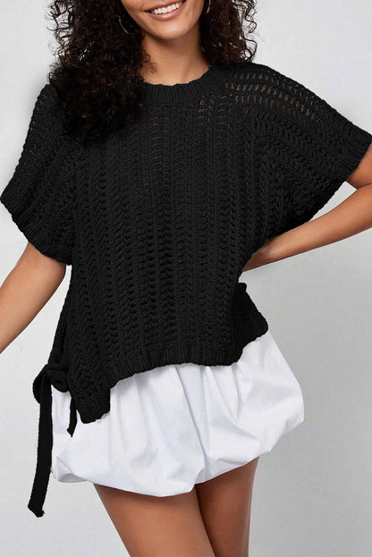 Ashleigh Blue Plus Size Open Knit Bow Tie Short Sleeve Sweater