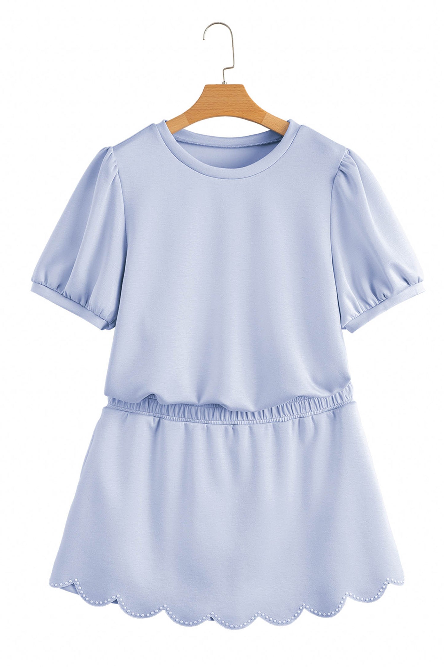 Puff Sleeve Pearl Embellished Scallop Trim Top 2 Piece Skort Set