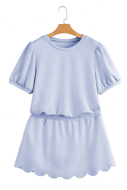 Puff Sleeve Pearl Embellished Scallop Trim Top 2 Piece Skort Set