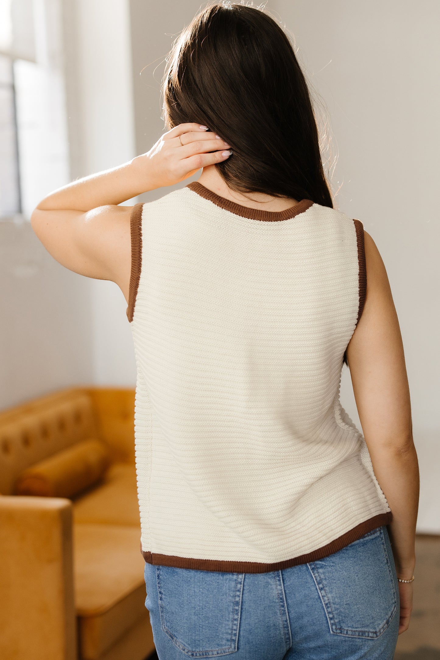 White Horizontal Ribbed Knit Contrast Trim Ties Front Sweater Vest